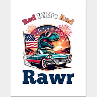 red white and rawr patriotic dino 4th of july Posters and Art